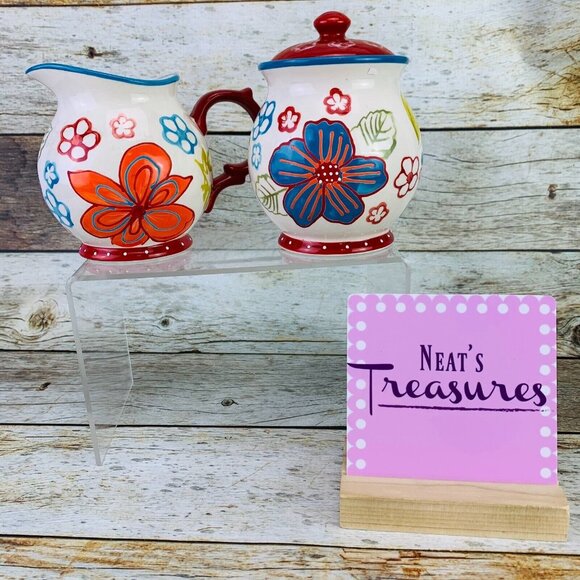 Dutch Wax Coastline Imports Hand Painted Bright Floral Lid Sugar & Creamer Set - Picture 1 of 9
